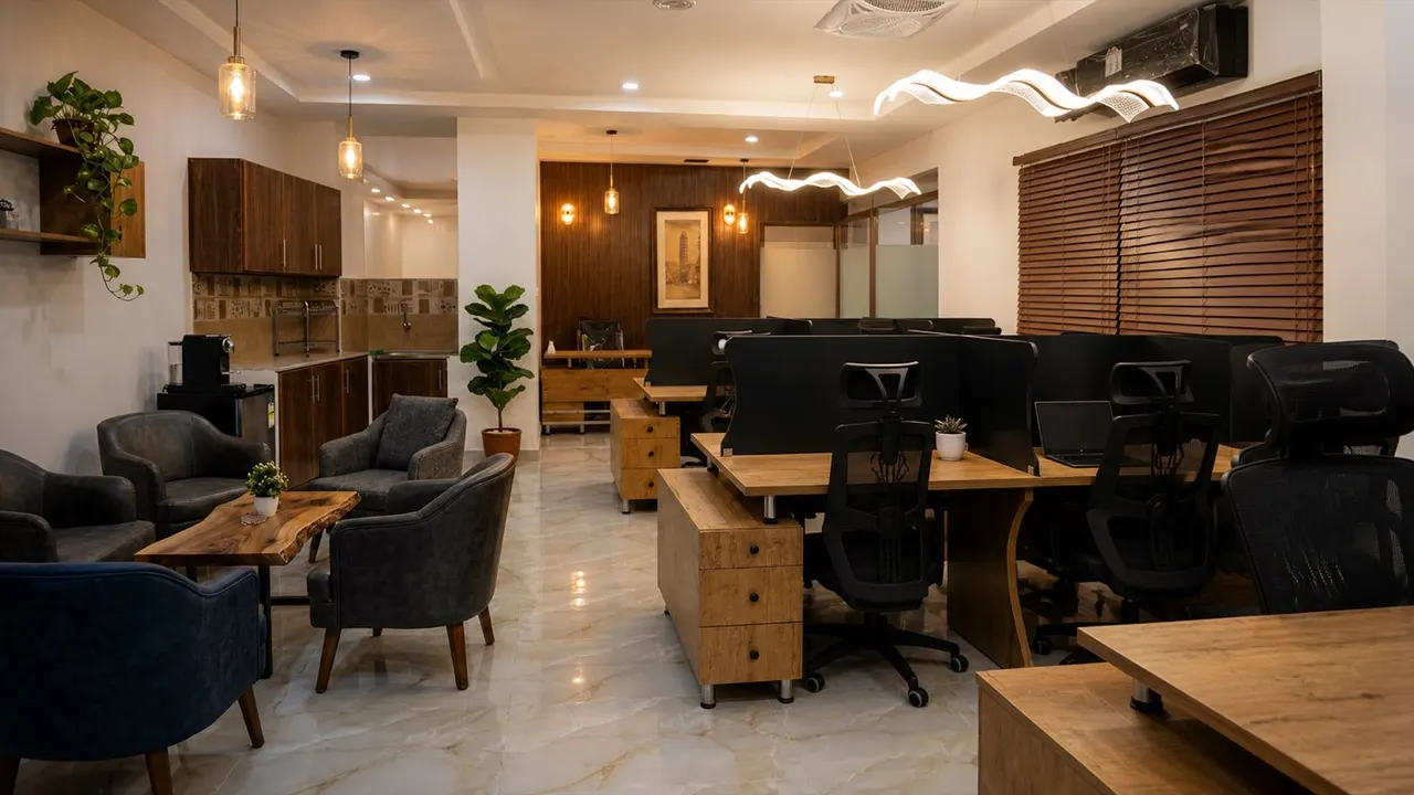 The Cowork amenities area in Lahore with desks, lounge seating and a refreshment station